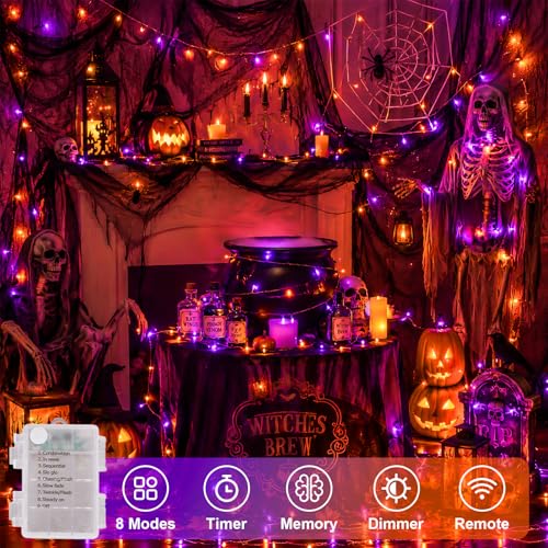 QITONG 2 Pack Battery Operated Halloween Lights, Each 33ft 100 LED - color: Orange and Purple, size: 2Pack