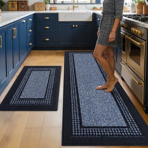 hicorfe Kitchen Runner Rugs,Set of 2 Non Slip Kitchen Mats for Floor - color: Navy Blue, size: 24"x71"+20"x32"