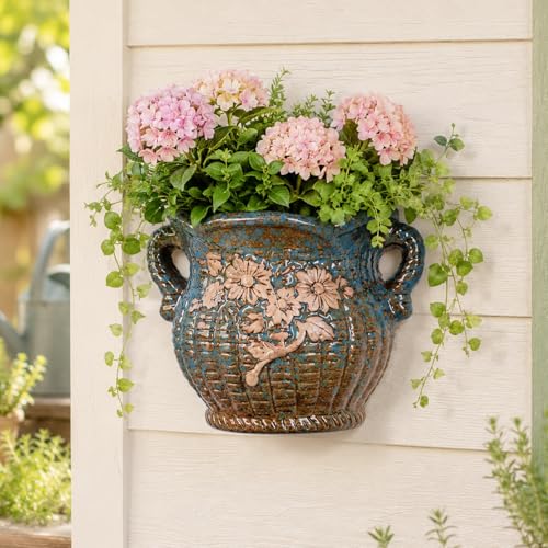 Ceramic Wall Planter for Indoor and Outdoor Plants, Decorative Ceramic Hanging Planter with Drainage Hole, Wall Hanging Flower Pot for Succulents, Herbs, Patio, Fence, Porch and Garden Decor -(Flower) - color: Embossed - Sunflower