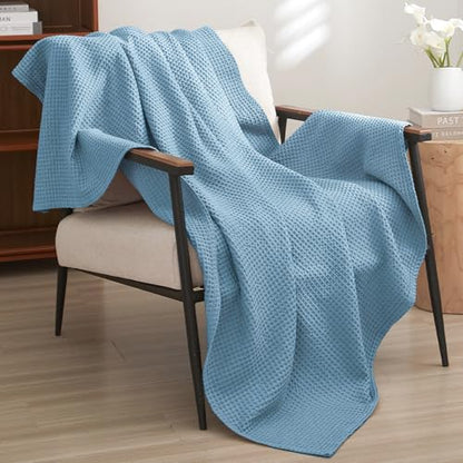 PHF 100% Cotton Waffle Throw Blanket Lightweight Breathable, Dusty Blue - color: Dusty Blue, size: Throw(50" x 60")