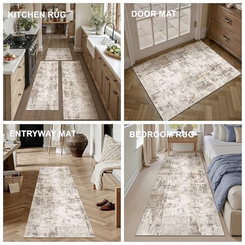 Washable Brown Grey Neutral Kitchen Runner Rug Set of 3 - color: Abstract | Brown Grey, size: 20"x32"+20"x48"+20"x59"