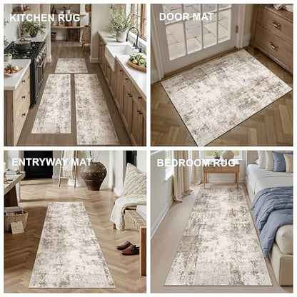 Washable Brown Grey Neutral Kitchen Runner Rug Set of 3 - color: Abstract | Brown Grey, size: 20"x32"+20"x48"+20"x59"