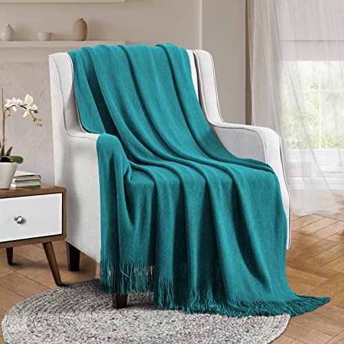 Vonty Teal Knitted Throw Blanket with Tassels Fringe, 50x60 Acrylic - color: Teal, size: 50" x 60"