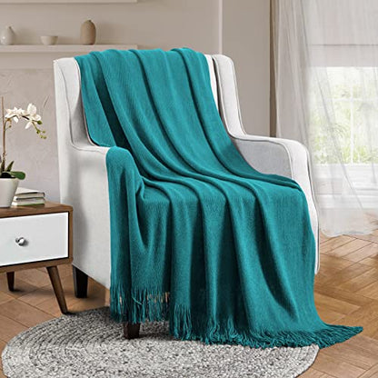 Vonty Teal Knitted Throw Blanket with Tassels Fringe, 50x60 Acrylic - color: Teal, size: 50" x 60"