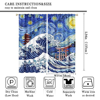 Japanese Asian Art Blackout Curtains - Blue Anime Ocean The Great Waves Fantasy Starry Sky Torii Rod Pocket Window Curtain Set Energy Saving Thermal Insulated Drapes,2 Panels 54L x 21W - color: Japanese Asian Art, size: 21"W x 54"L (Pack of 2)