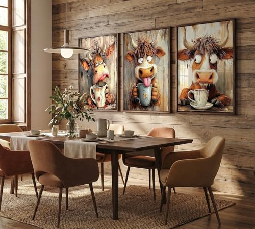 3pcs Funny Cow Canvas Wall Art Humor Dreaming Cow Drinking Coffee Posters Prints Paintings Playful Country Farmhouse Animals Wall Decor Pictures for Living Room Bedroom Home Decoration Unframed - color: Funny Cow, size: 24"L x 16"W-Posters