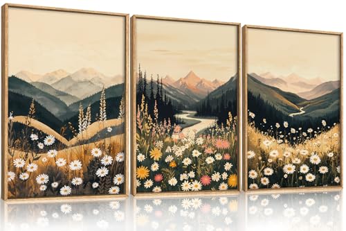 Large Boho Wildflower Framed Canvas Wall Art,Vintage Mountain Wall Decor,Nature Floral Prints,Rustic Daisy Landscape Artwork for Living Room,Bedroom,Dining Room -24"x36"x3 - color: Boho Wildflower Wall Art, size: 24"L x 36"W