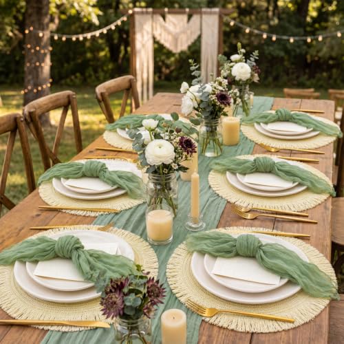6 Sets Boho Woven Table Placemats Sage Green Cheesecloth Napkins - color: Sage Green