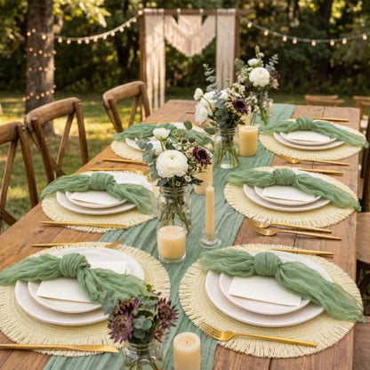 6 Sets Boho Woven Table Placemats Sage Green Cheesecloth Napkins - color: Sage Green