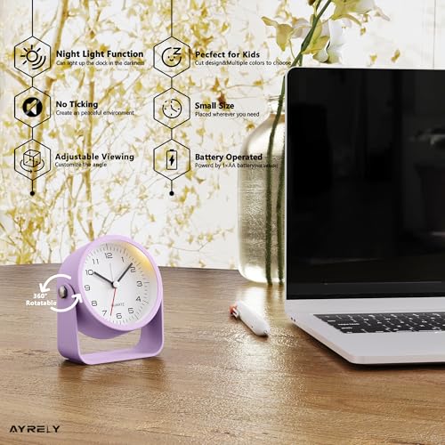 AYRELY® 3.5" Small Analog Travel Alarm Clock, Battery Operated Desk Clock - color: Purple