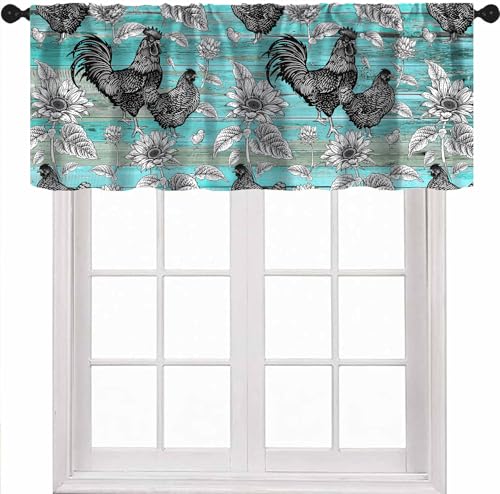 Rustic Farmhouse Chicken Valance Curtains, Retro Rooster Teal Blue Old Barn Door Farm Sunflower Small Short Window Curtain for Kitchen Dining Room Living Room, 54x18Inch - color: Chicken-8