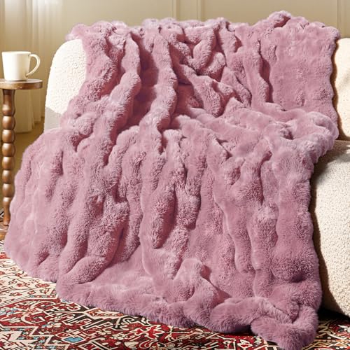 Ultra Soft Cozy Faux Fur Throw Blanket, Fuzzy Plush Thick Bubble Blanket, Oversize Luxury Fluffy Blanket for Couch, Sofa, Bedroom, and Living Room,50x60 Inches,Pink - color: Pink, size: Throw(50" X 60")