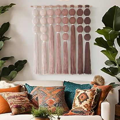 Macrame Wall Hanging Dip Dyed Red Yarn Balls Tassel Boho Decor 27"W*31"L - color: Brown Red