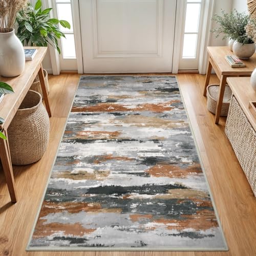 Abstract Washable Rugs for Entryway 3x5 Area Rug Non Slip Door Mat | Rust Grey;Thin Printed Faux Wool Kitchen Rugs;Indoor Front Door Rug;Entry Rug;Floor Carpet;Throw Rugs for Living Room - color: Rust / Gray / Taupe, size: 3' x 5' (Rectangular)