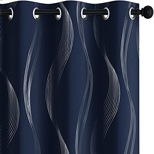 Deconovo Curtains for Living Room, Pattern Blackout Curtains 84 Inches Long - color: Silver Wave-navy Blue, size: 66"W x 84"L (Pack of 2)