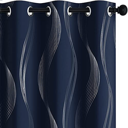Deconovo Curtains for Living Room, Pattern Blackout Curtains 63 Inches Long - color: Silver Wave-navy Blue, size: 42"W x 63"L (Pack of 2)