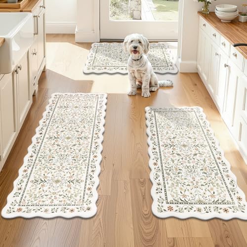 Yamaziot Boho Anti Fatigue Kitchen Rug Set of 3 Scalloped, Light Green - color: Light Green, size: 17.3"x29"+17.3"x35"+17.3"x47"