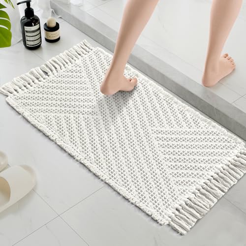 H.VERSAILTEX Waffle Bath Mat Super Absorbent Boho Bath Mat Non Slip Bath Rugs for Bathroom Floor Machine Washable Dry Fast Bathroom Rugs with Tassels, 17" x 24", Ivory White - color: Ivory White, size: 17" x 24"