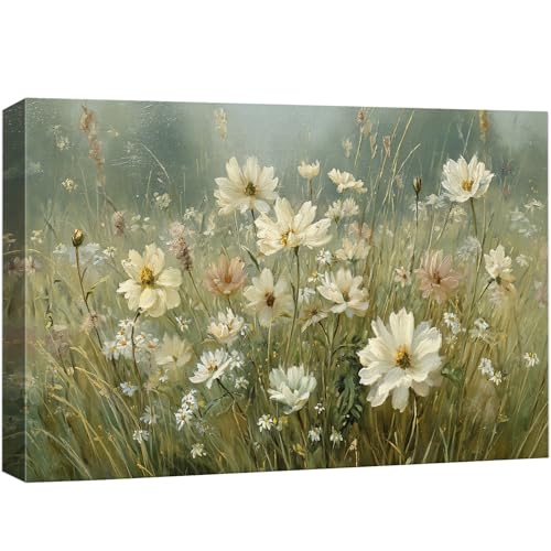 wall26 Canvas Print Wall Art Vintage Wildflower Meadow Soft Green and White Daisy Digital Art Realism Rustic Scenic Nature Photography Colorful for Living Room, Bedroom, Office - 12"x18" - color: A25-2605-M15, size: 18"L x 12"W