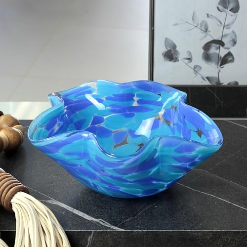 Murano Style Art Glass Bowl Hand Blown Blue Confetti Effect Home Decor - color: Blue Waved