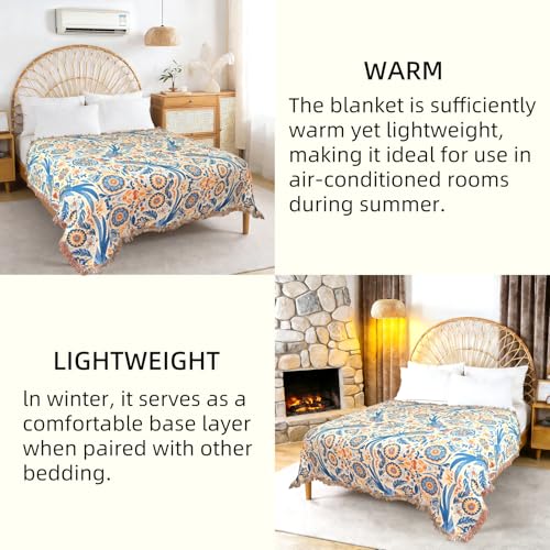 Boho Throw Blanket for Couch Bed, 100% Cotton Soft Rustic Quilt with Tassel 80''x 90'', Super Soft Bohemian Decor Reversible Sofa Bed Chair Blanket Cover for All Seasons(Floral Bird)