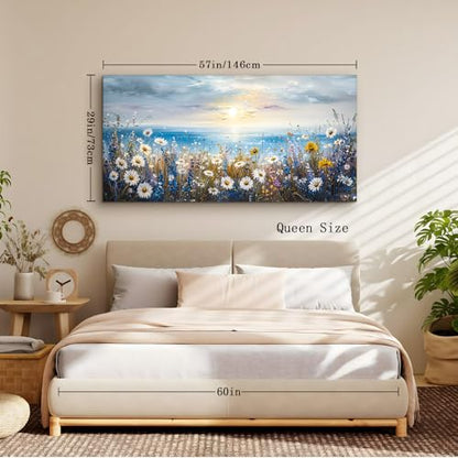 crmotu Extra Large Canvas Art, Beach Daisy Sunset Pictures 29X57 In - color: Sunrise Seaside Flowers, size: 57"L x 29"W