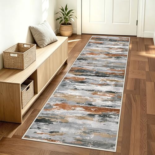 Abstract Washable 2x6 Runner Rug Non Slip Runners for Hallway | Rust Grey;Thin Printed Faux Wool Kitchen Rug Runner;6ft Carpet Runners;Non Skid Runners for Entryway,Bedroom,Laundry Room - color: Rust / Gray / Taupe, size: 2' x 6' (Runner)