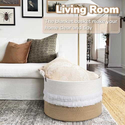 CherryNow Large Wicker Laundry Basket for Entryway, Bedroom, Jute Decorative Baskets for Clothes, Toys, Towel Basket for Bathrooom, 22 x 14 inches, 83L - color: White & Camel, size: 83L (22"W x 14"H)