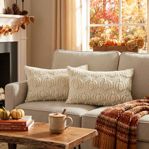 AVOIN colorlife Beige Fall Pumpkin Throw Pillow Covers 12x20 Inch - color: Beige, size: 20" x 12" (Pack of 2)