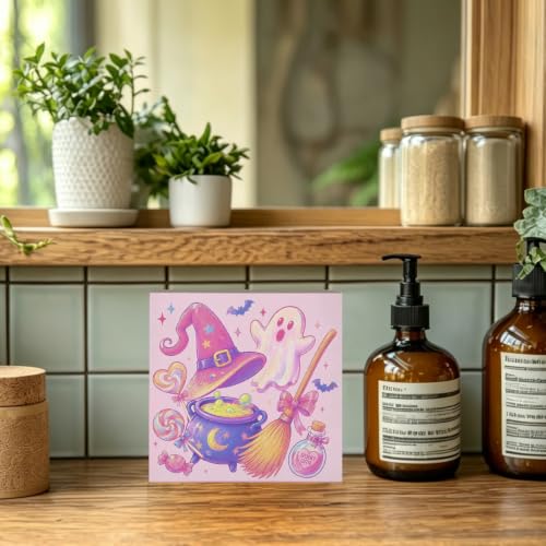 Pastel Pink Halloween Witchy Ghost Wooden Box Sign Desk Decor - color: Pink Halloween