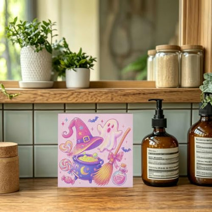 Pastel Pink Halloween Witchy Ghost Wooden Box Sign Desk Decor - color: Pink Halloween