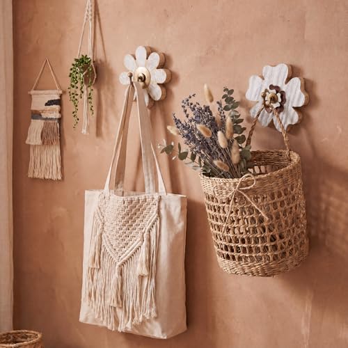 AceOrbit 2 Pcs Farmhouse Boho Flower Coat Hooks Distressed Wooden Wall Hook