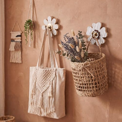 AceOrbit 2 Pcs Farmhouse Boho Flower Coat Hooks Distressed Wooden Wall Hook