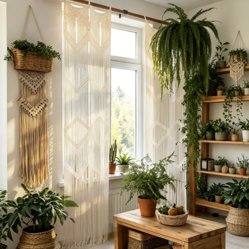 Flber 2Pcs Boho Beige Macrame Curtains Sheer Window Decor 23.6" W*98" L - color: Beige1*2