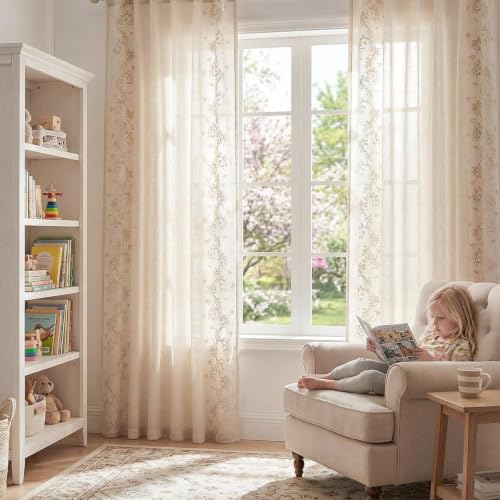 jinchan Floral Linen Curtains, Back Tab 50x96 Inch, 2 Panels Beige - color: Vine | Beige, size: 50"W x 96"L (Pack of 2)