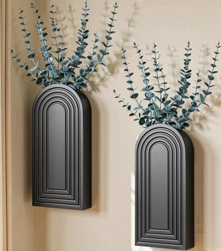 DREAMLOOM 2 Pack Wooden Wall Vases with Eucalyptus Artificial Plants, Wall Hanging Planters Boho Modern Farmhouse Indoor for Narrow Spaces Entryway Bathroom Home Office Decoration, Black - color: A-black