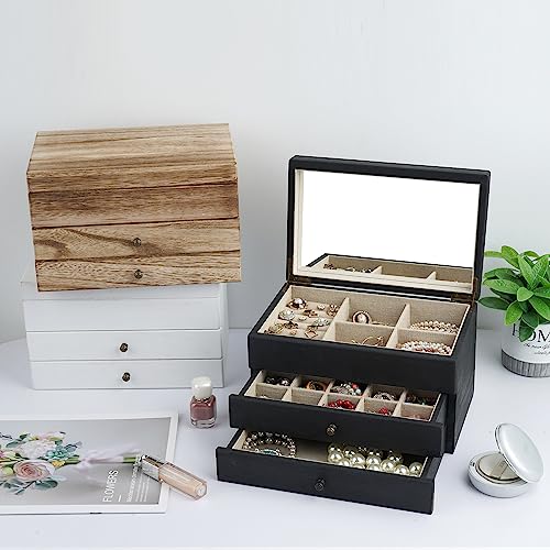 Meangood Jewelry Box Organizer for Women, 3 Layer Large Jewelry Storage Case, Rustic Wooden Jewelry Box with Mirror & Ring Tray for Necklace Earring Bracelets Rings, Vintage Style (Black) - color: Black, size: 2-Drawer