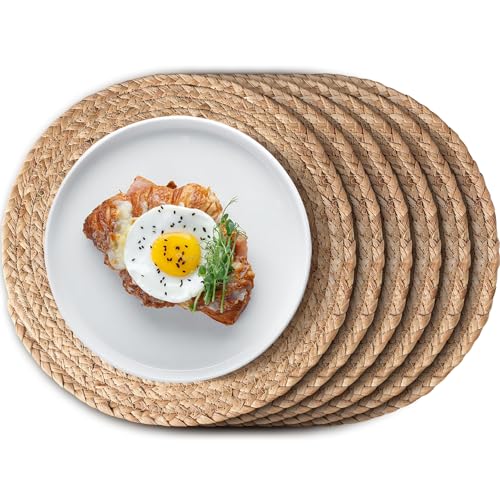 Aofmee 12 inch Round Woven Placemats Set of 6, Boho Rattan Place Mats, Natural Water Hyacinth Table Placemats, Farmhouse Weave Table Mats, Rustic Braided Wicker Charger Plates for Dining Table Decor - size: 12 Inch Set of 6