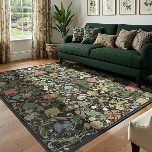 Deerly Floral Area Rug 4x6, Washable Living Room Rug Non Slip, Black Green - color: Black, size: 4'x6'