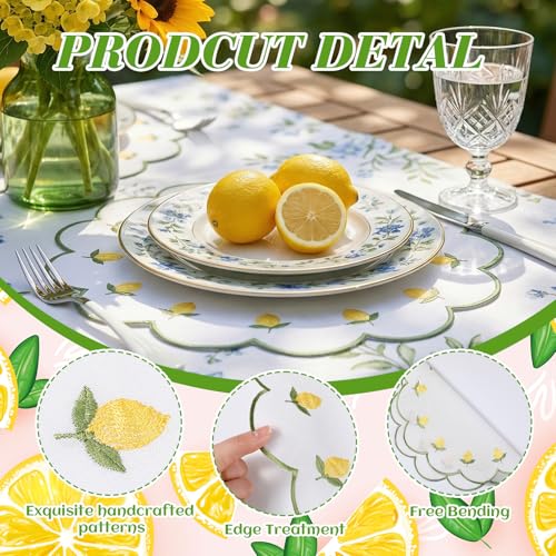 Qinyoung 6 Pieces Lemon Placemats 13.8 Inch Scalloped Embroidery placemats Fabric Linen Cotton mats Set Round Decorative Dining Table Mats for Wedding Birthday Bridal Party Decor - size: 13.8 Inches, style: Lemon