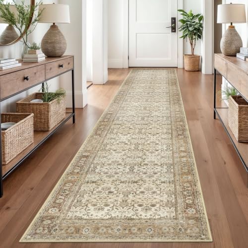 SIILOOM 2.6x14 Washable Runner Rug, Non Slip Area Rug for Hallway Kitchen - color: Beige/Brown, size: 2'7" x 14' (Runner)