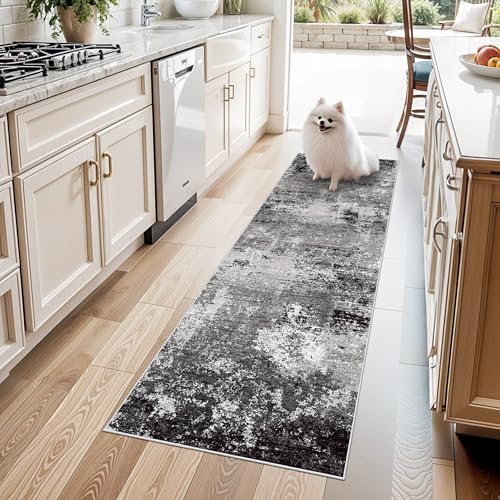 2x6ft Washable Kitchen Runner Rug – Non-Slip Low-Pile Floor Carpet Runner for Indoor Hallway, Bedroom, Bedside & Entryway, Modern Abstract Neutral (Black Grey,2x6) - color: Black Grey, size: 2' x 6' (Rectangular)