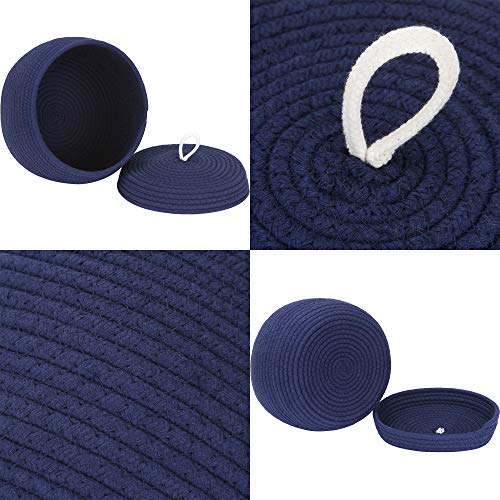 Sea Team Round Woven Cotton Rope Storage Basket with Lid, Navy - color: Dark Blue, size: Small