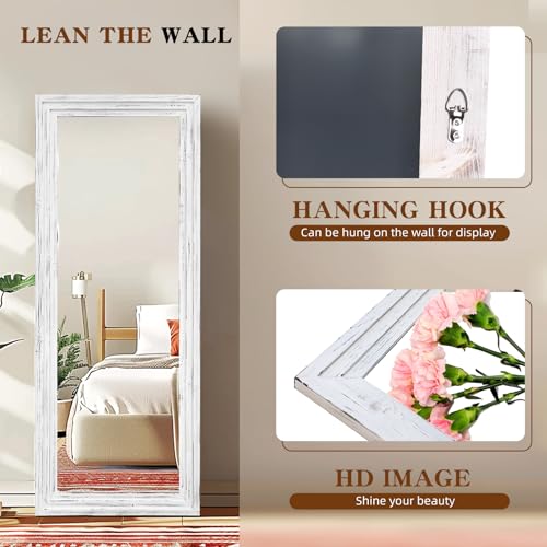 58x22in Full Length Mirror, 3-Tier Stepped Solid Wood Frame, White - color: White, size: 58"L x 22"W