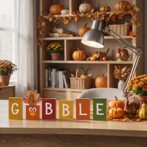Smile 7 Pcs Thanksgiving Decor Indoor Wooden Sign, Turkey Gobble for Rustic Farmhouse Home, Thanksgiving Table Tiered Tray Kitchen Decorations. - style: Gobble