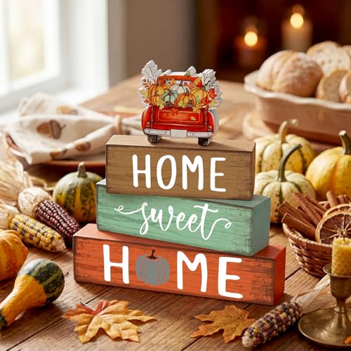 Cinnvoice 4 Pcs Fall Truck Pumpkin Wooden Block Decor Farmhouse Tiered Tray - style: Fall Pumpkin