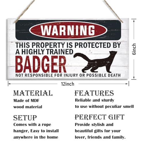 Warning Sign, Badger Warning Wood Plaque Sign, Funny Door Signs, Decorative Wood Hanging Suspension Plaque, Farmhouse Wooden Wall Decor, Outdoor Hanging Wooden Signs - color: BADGER