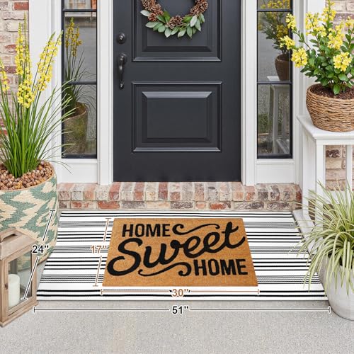 LEEVAN 2'X4.3' Black and White Striped Woven Cotton Reversible Outdoor Rug - color: 1white Strip, size: 2' x 4'3"