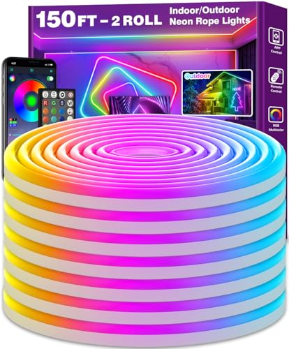 AILBTON 150FT Neon Rope Lights, RGB LED Strip Lights, Waterproof IP67 LED Lights for Bedroom, DIY Design, Music Sync, Remote Control, Multiple Modes for Bedroom - size: 150FT