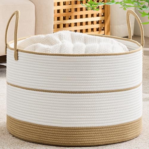 KAKAMAY Large Blanket Basket with Handles, Storage Basket for Living Room - color: Brown and White